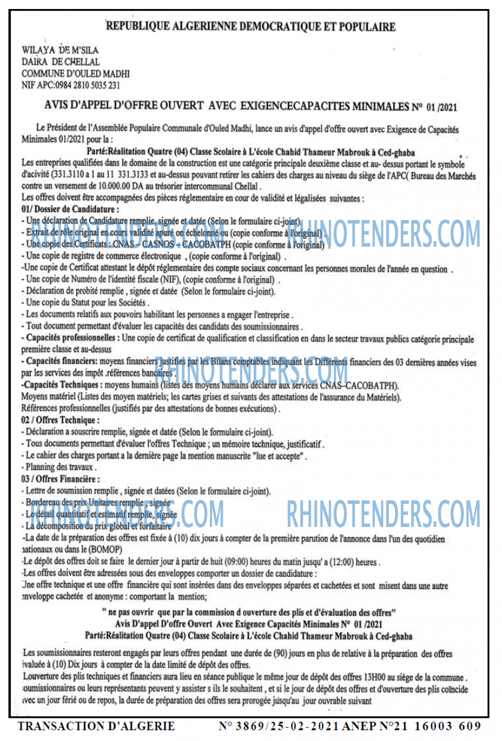 TRANSACTION D'ALGERIE