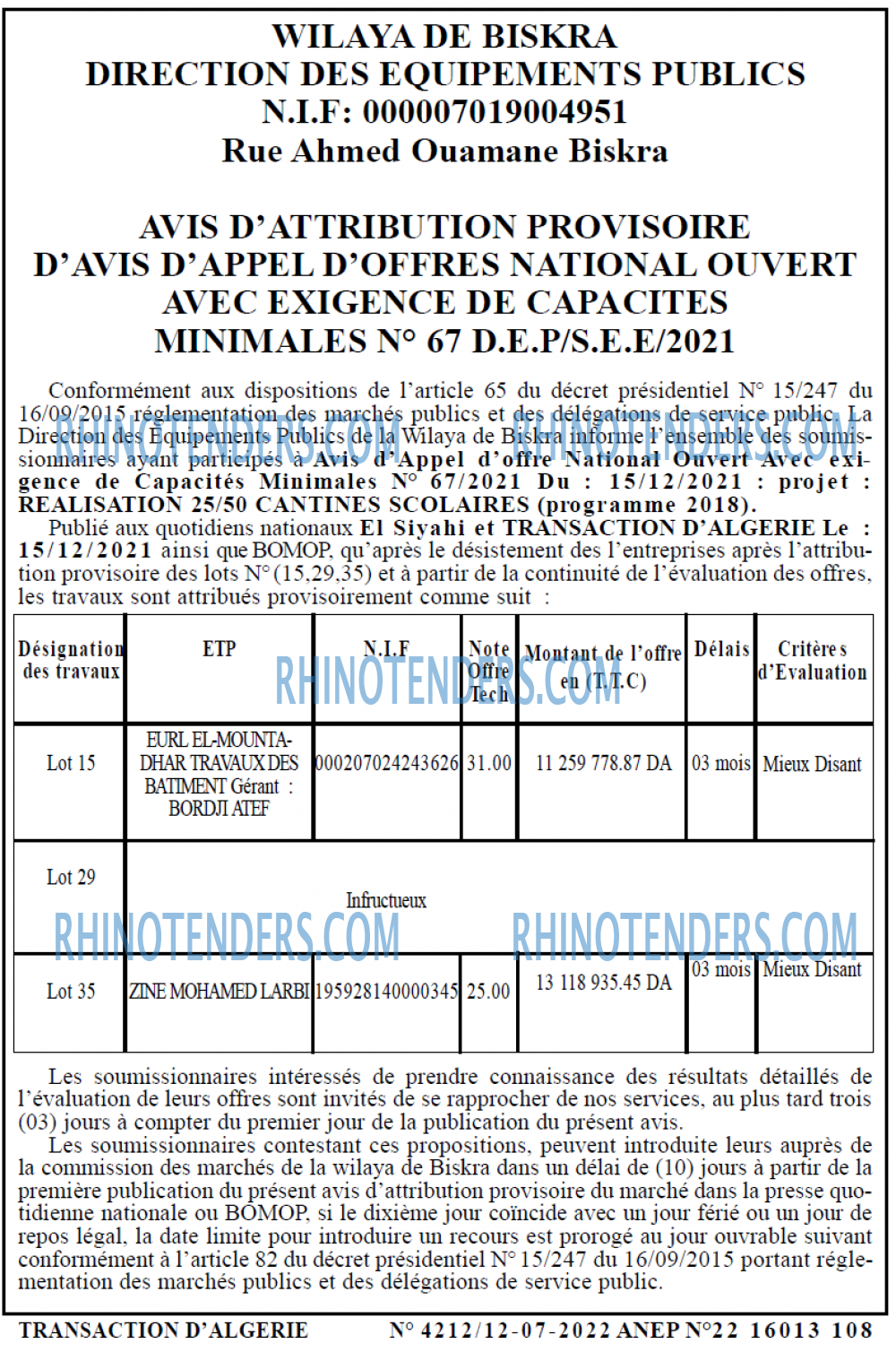 TRANSACTION D'ALGERIE