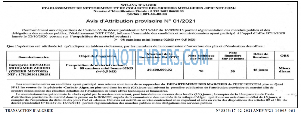 TRANSACTION D'ALGERIE