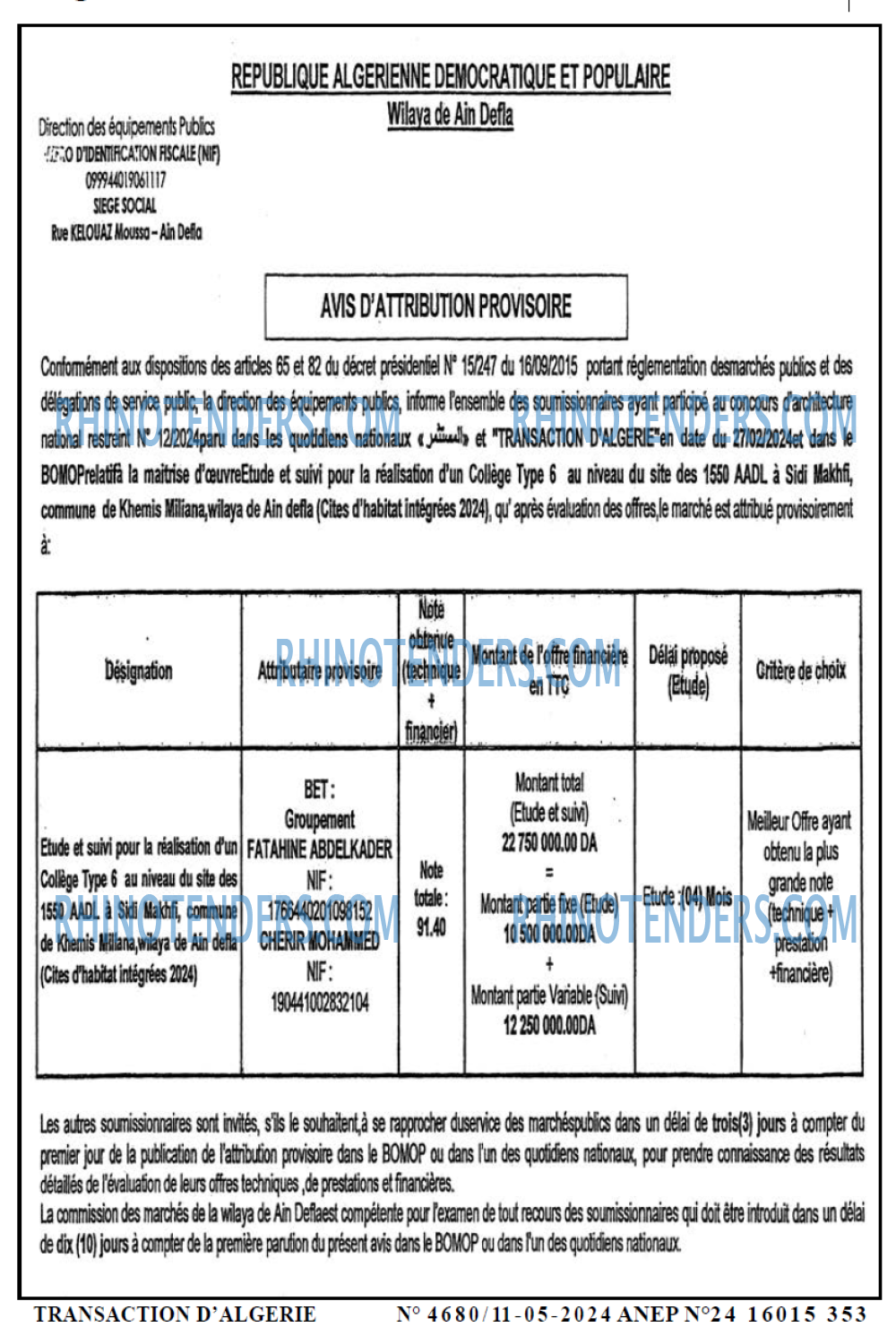 TRANSACTION D'ALGERIE