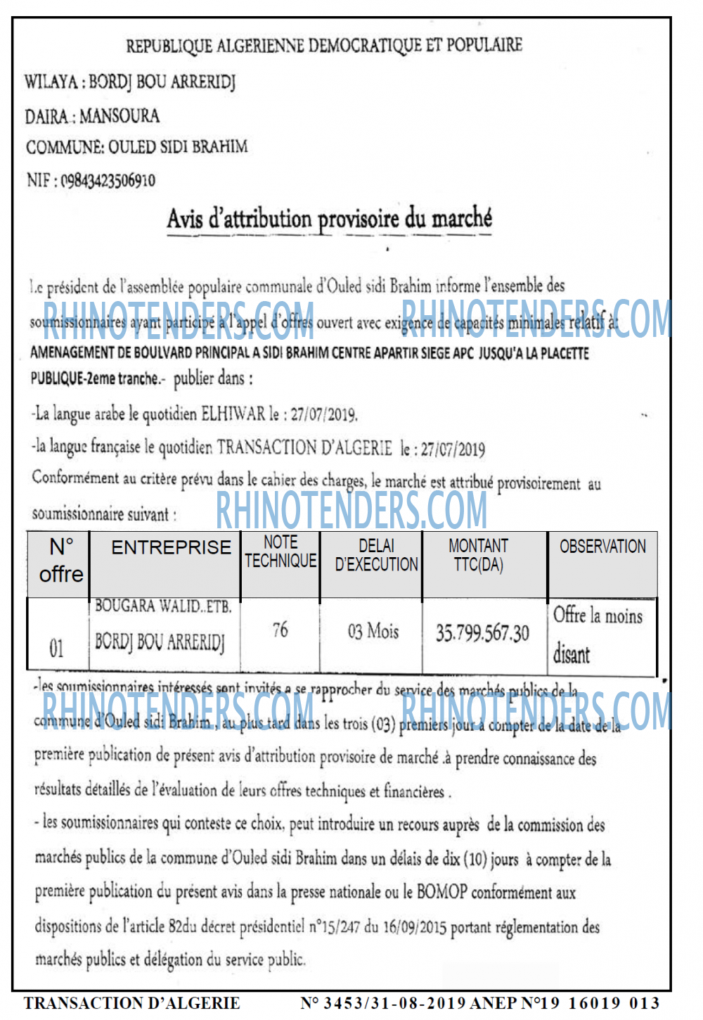 TRANSACTION D'ALGERIE