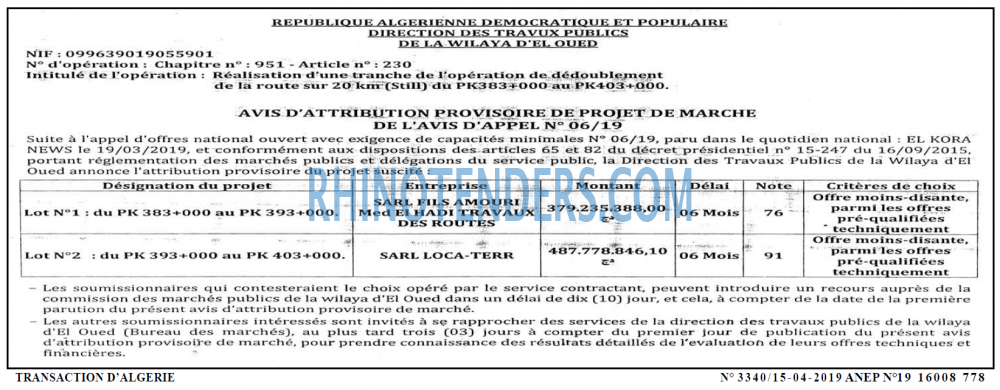 TRANSACTION D'ALGERIE