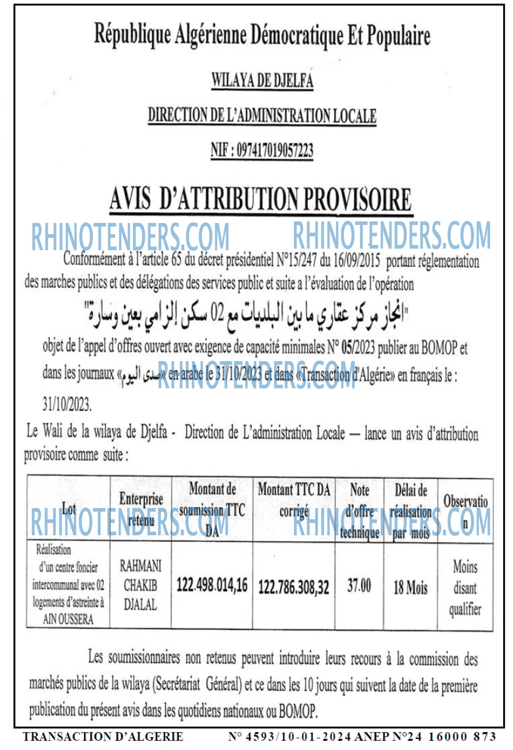 TRANSACTION D'ALGERIE