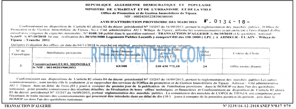 TRANSACTION D'ALGERIE