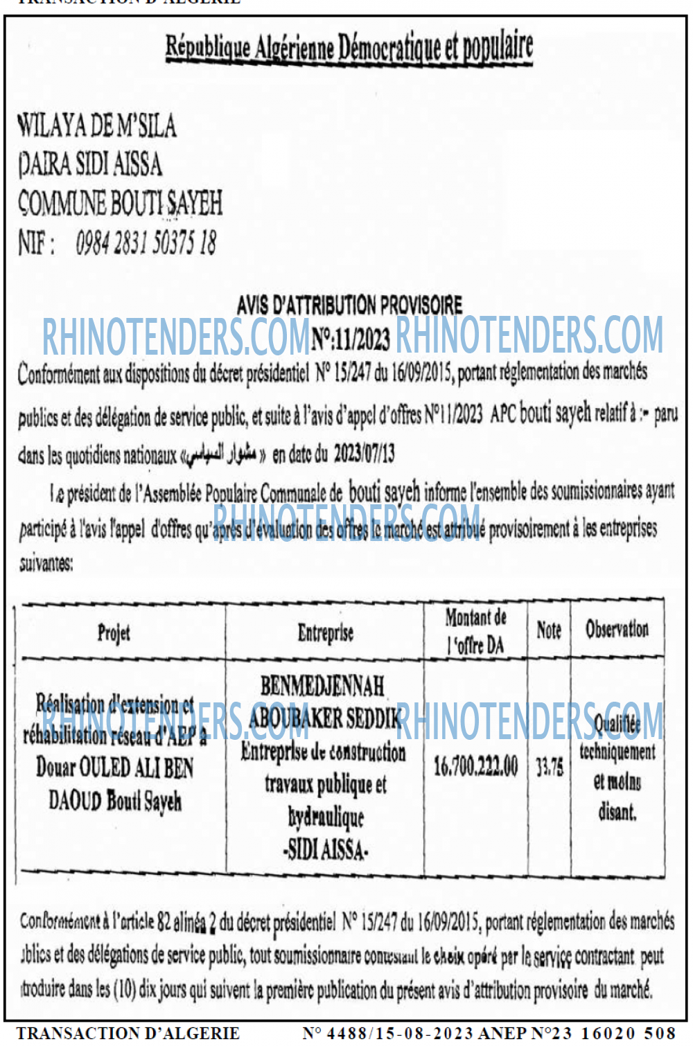 TRANSACTION D'ALGERIE