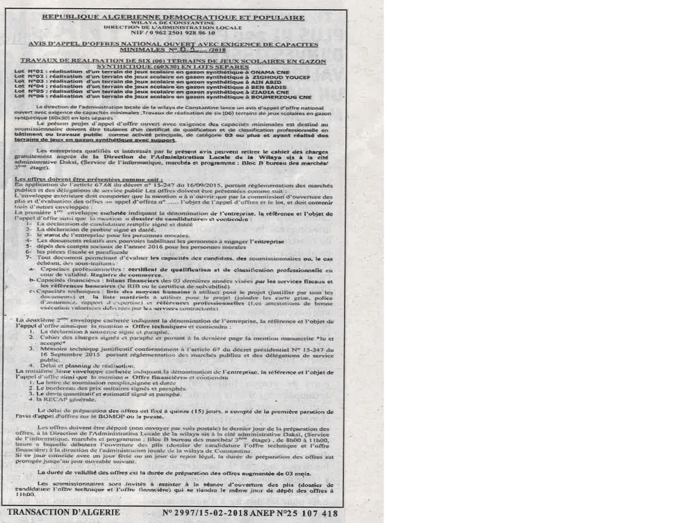 TRANSACTION D'ALGERIE