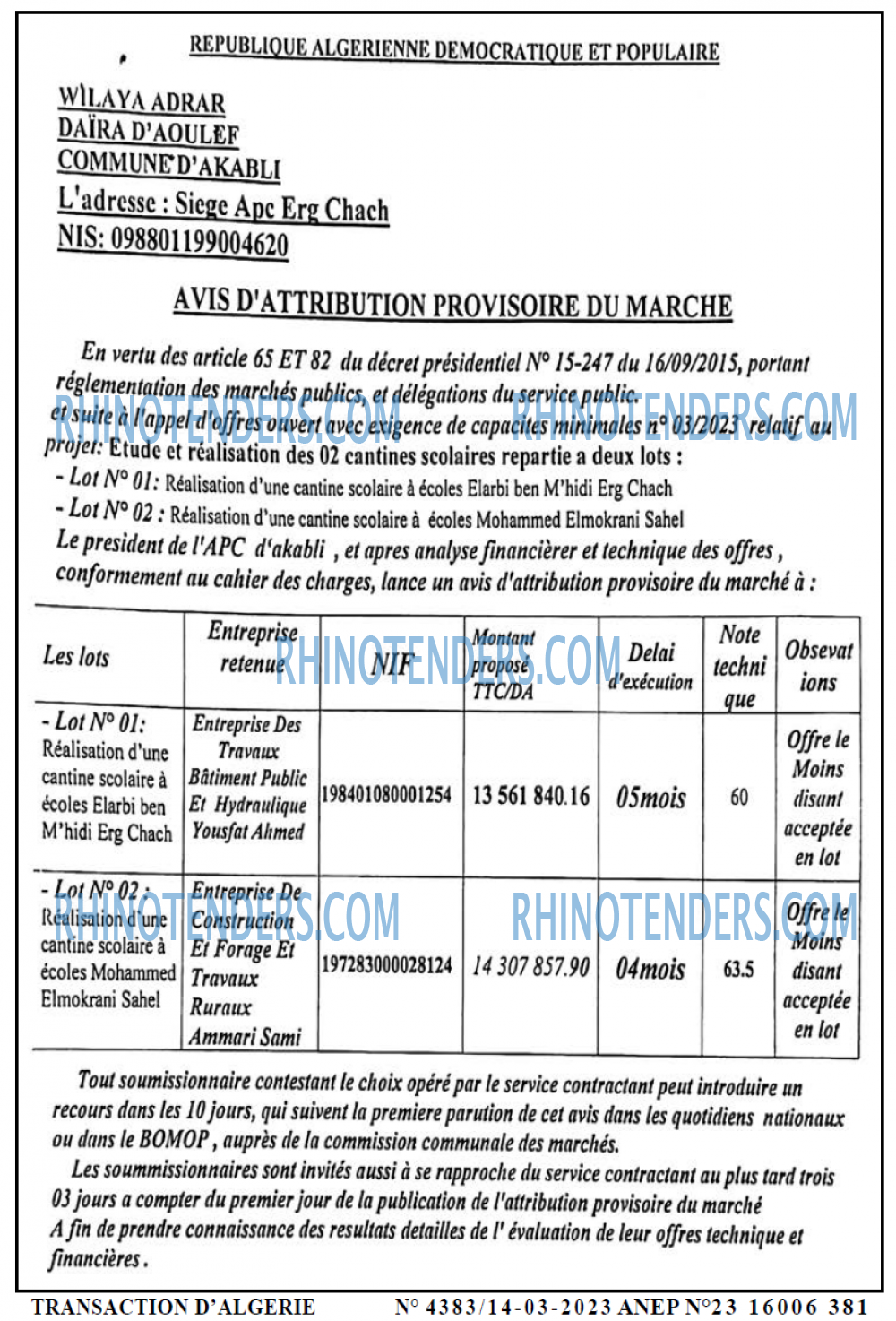 TRANSACTION D'ALGERIE