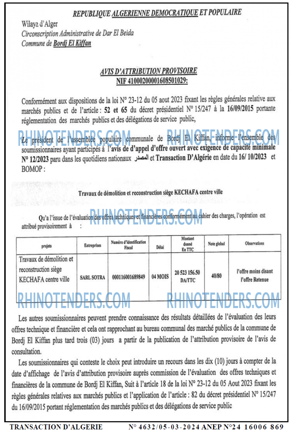 TRANSACTION D'ALGERIE
