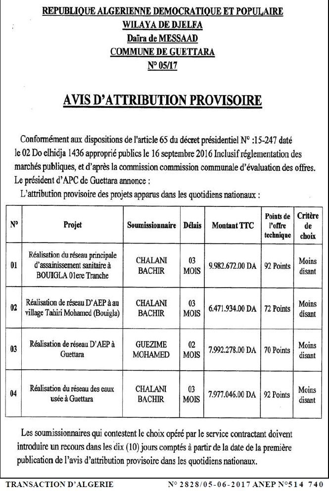 TRANSACTION D'ALGERIE