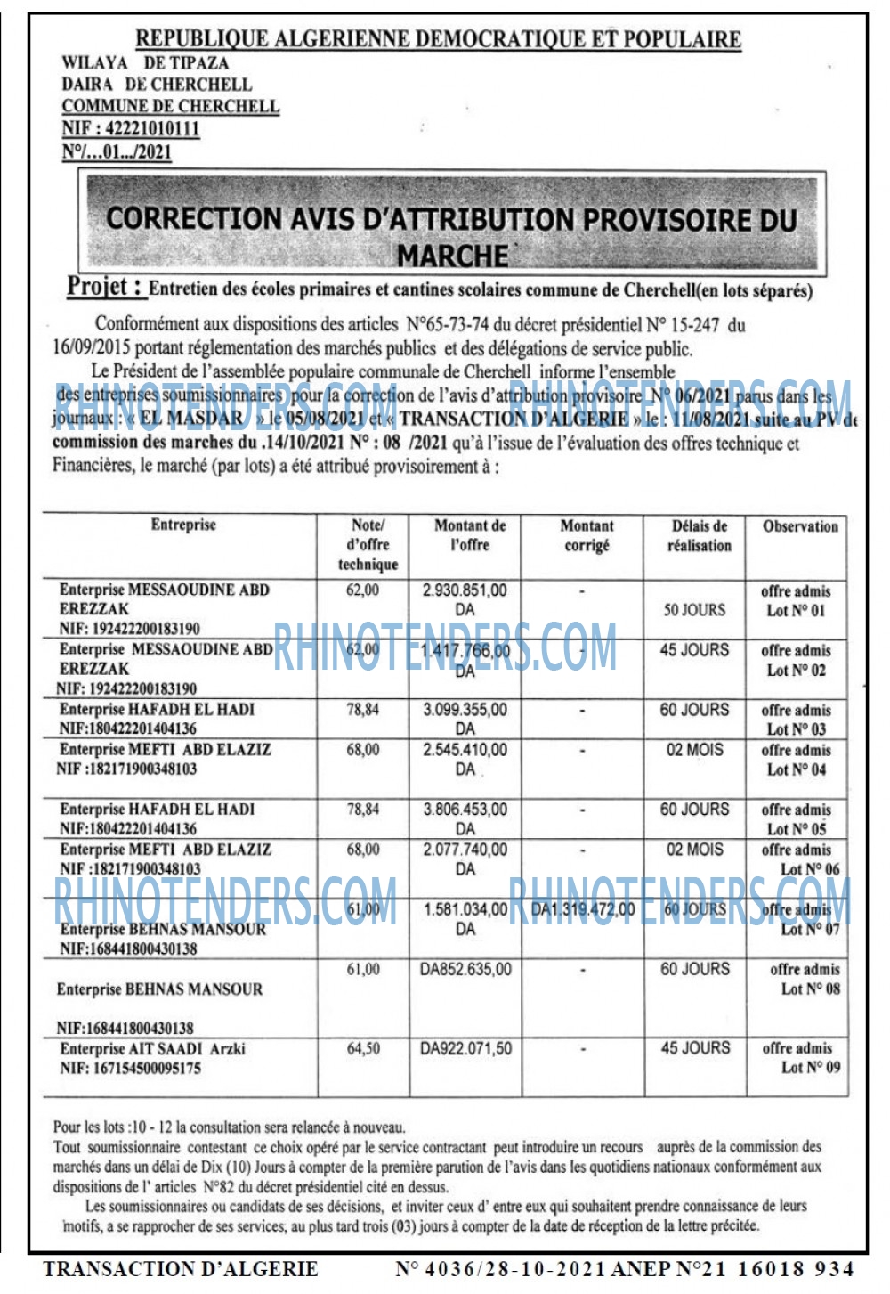 TRANSACTION D'ALGERIE