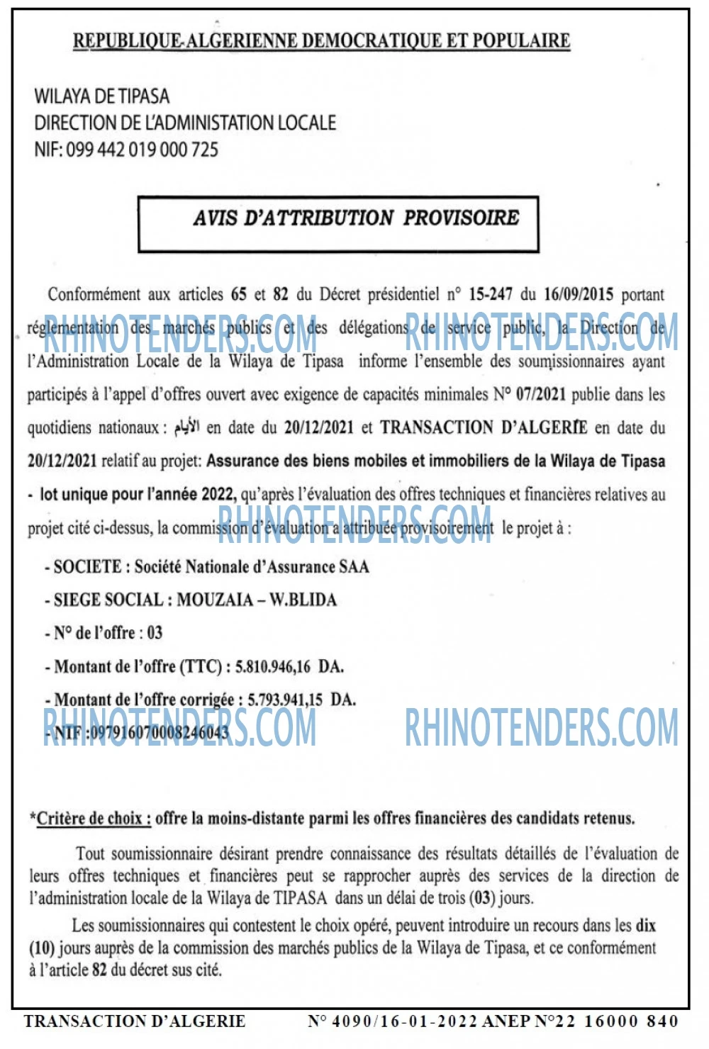 TRANSACTION D'ALGERIE
