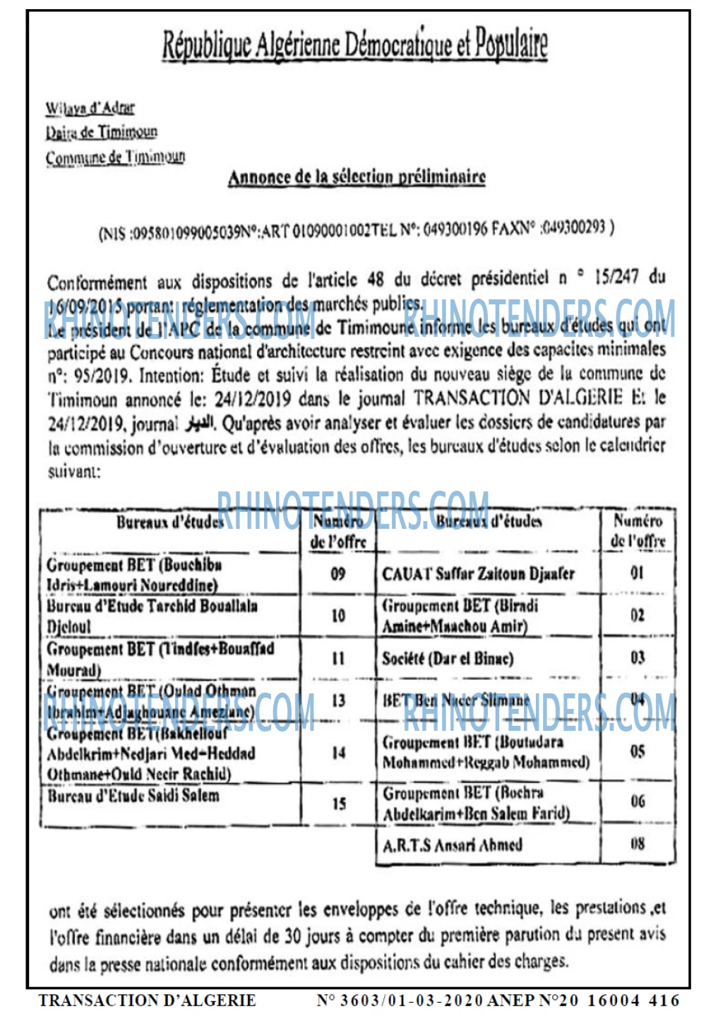 TRANSACTION D'ALGERIE