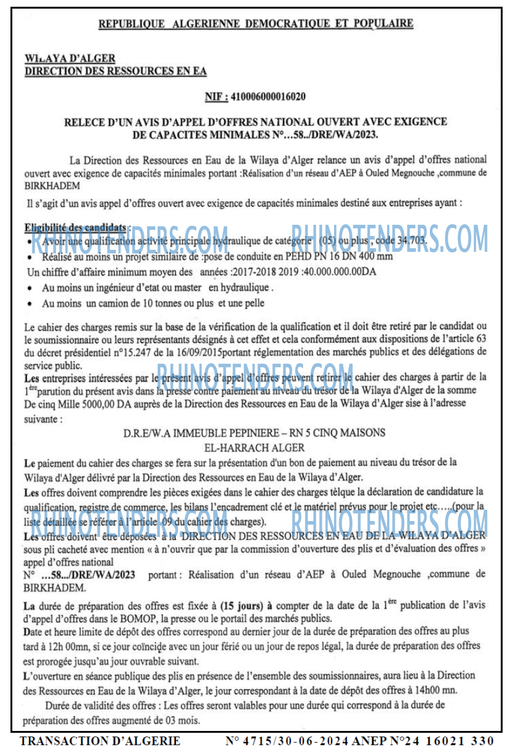 TRANSACTION D'ALGERIE