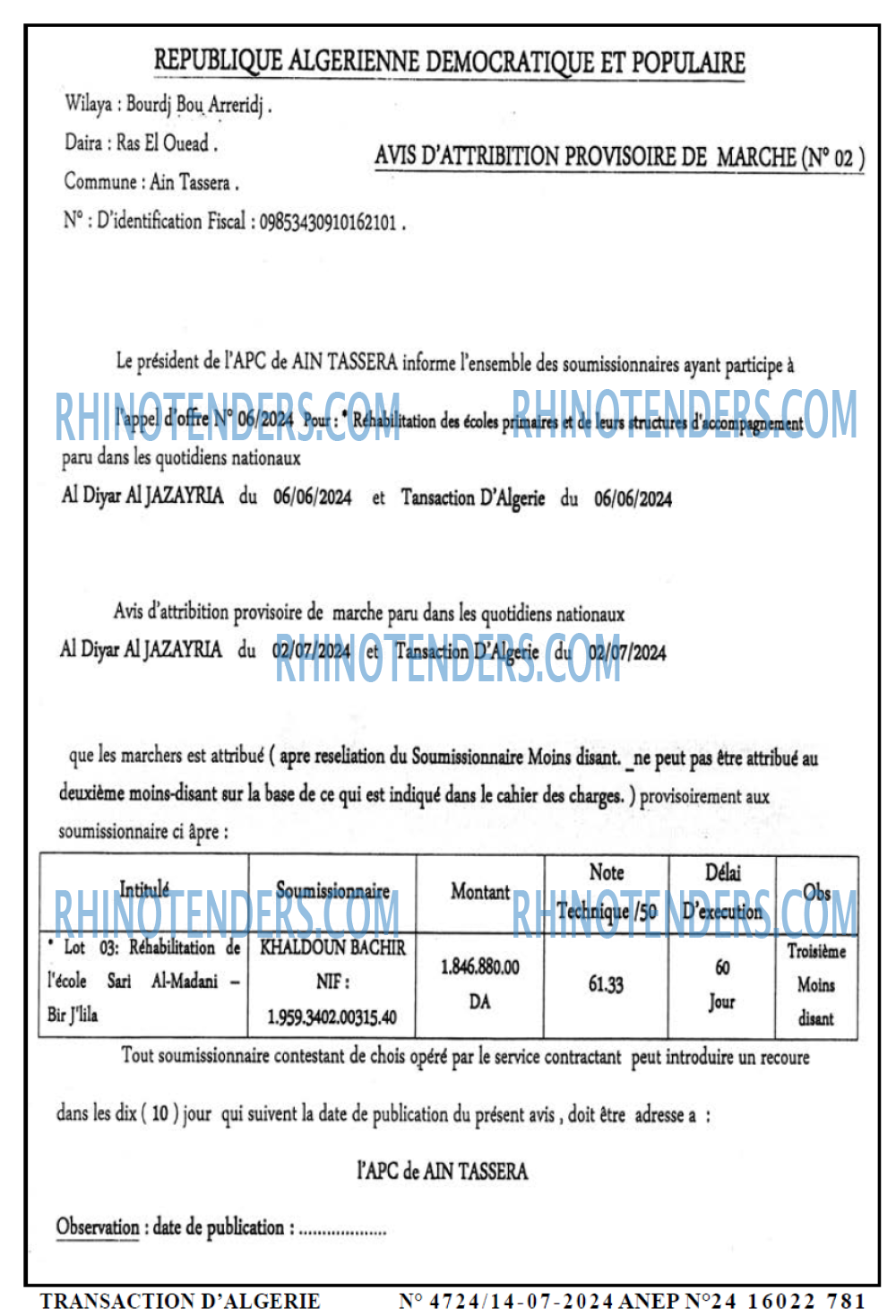 TRANSACTION D'ALGERIE