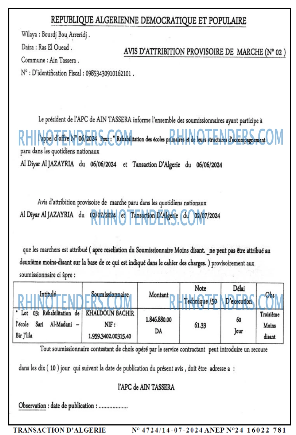TRANSACTION D'ALGERIE