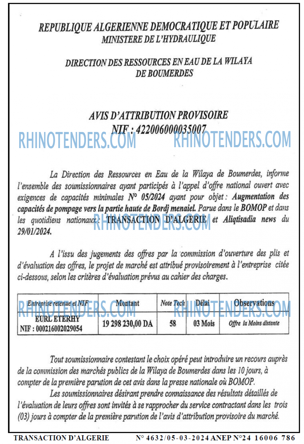 TRANSACTION D'ALGERIE