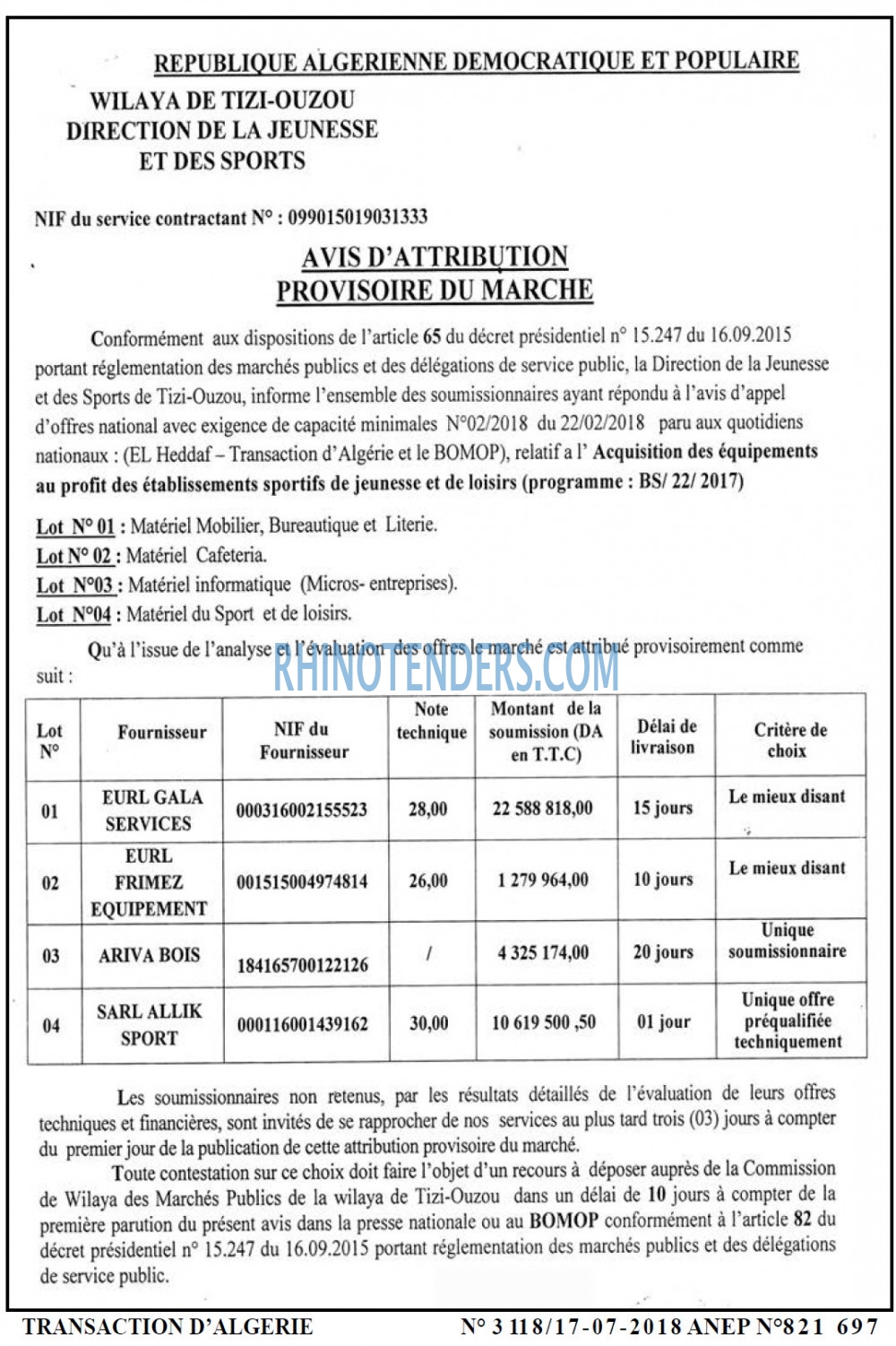 TRANSACTION D'ALGERIE