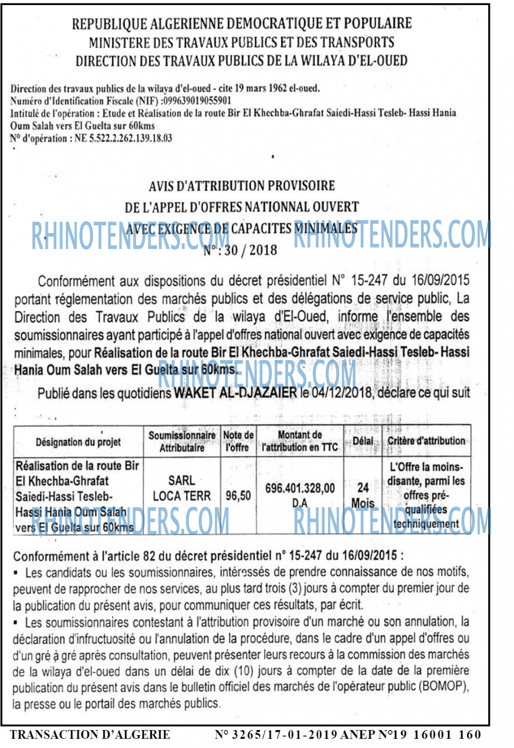 TRANSACTION D'ALGERIE