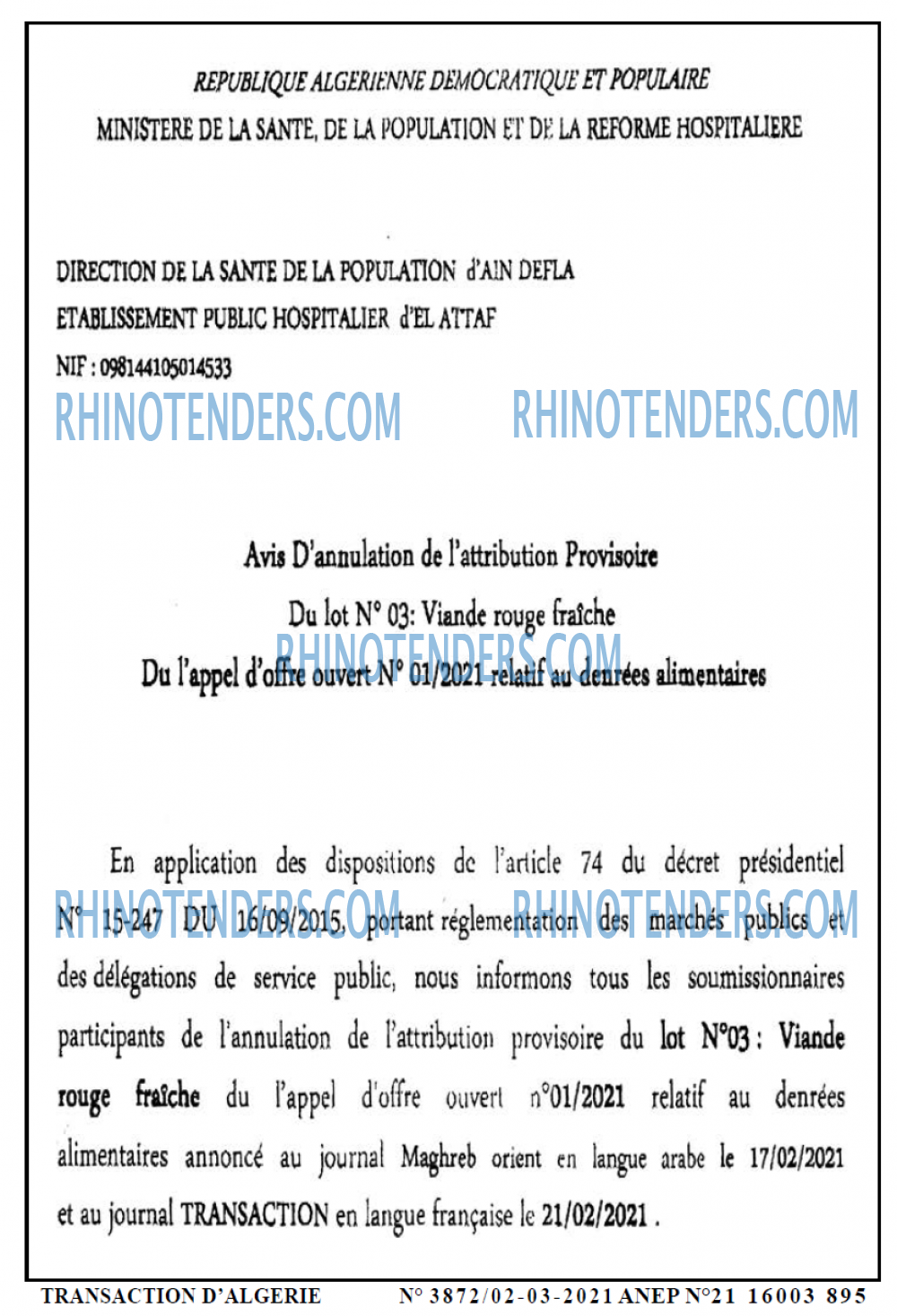 TRANSACTION D'ALGERIE