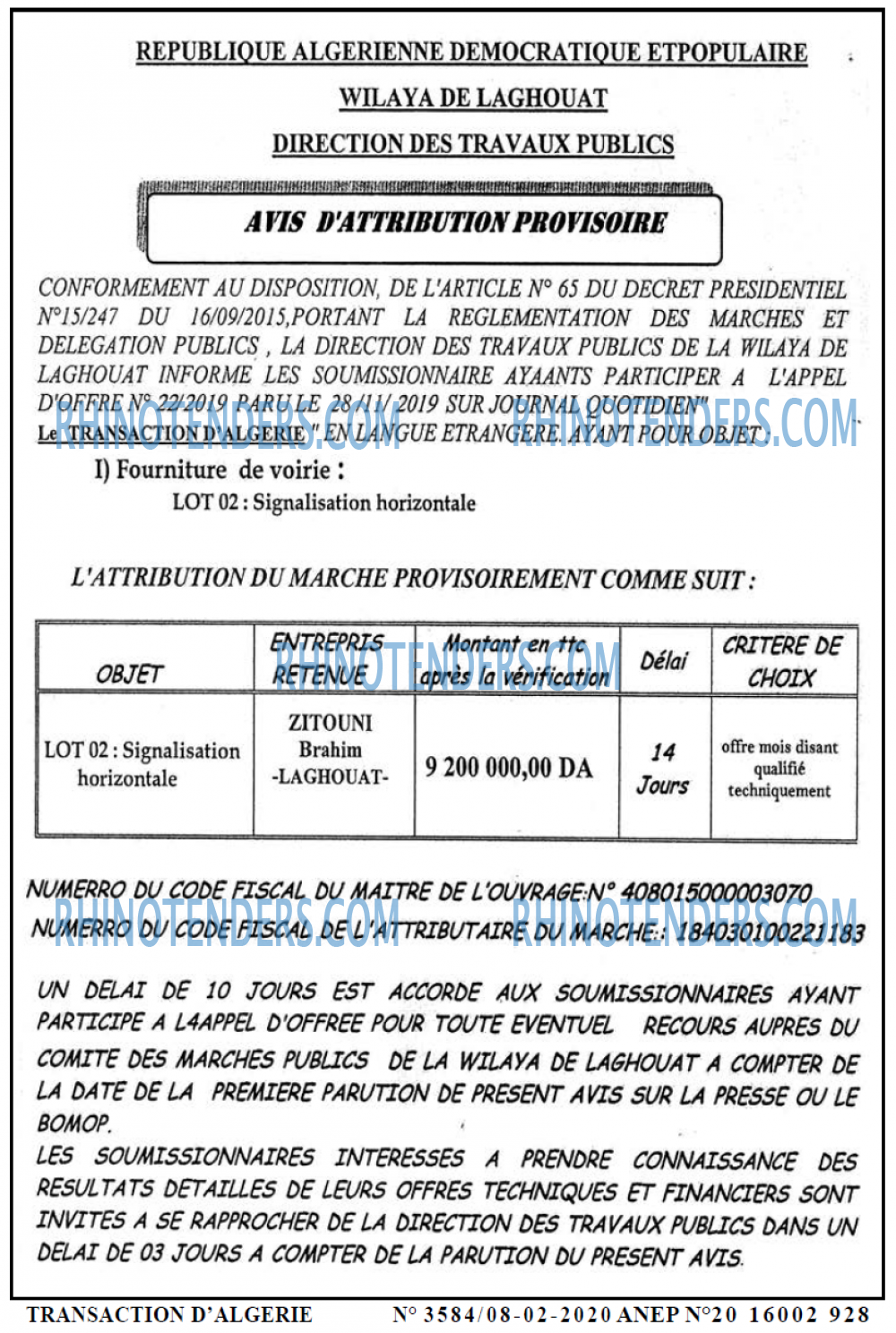 TRANSACTION D'ALGERIE