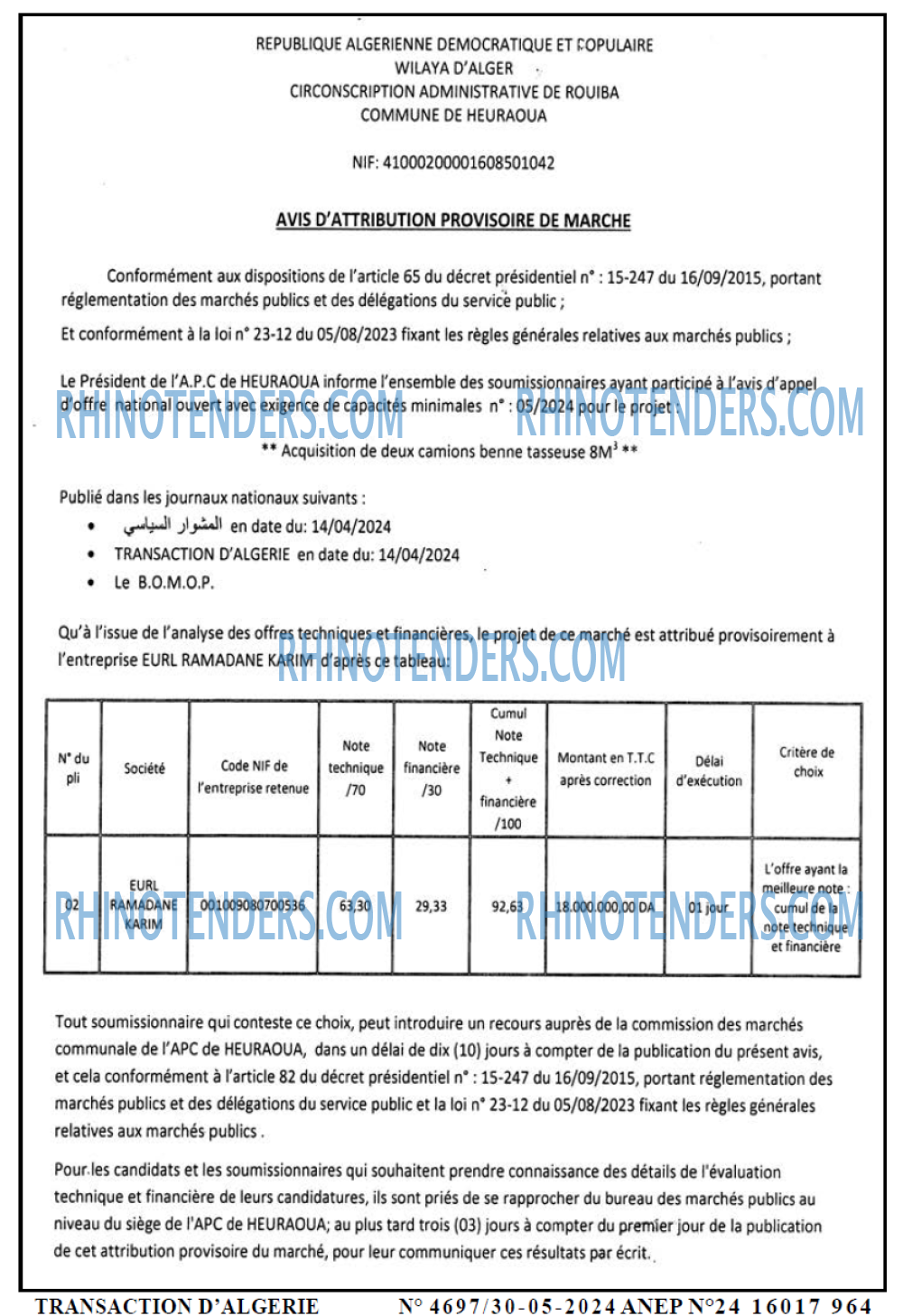 TRANSACTION D'ALGERIE