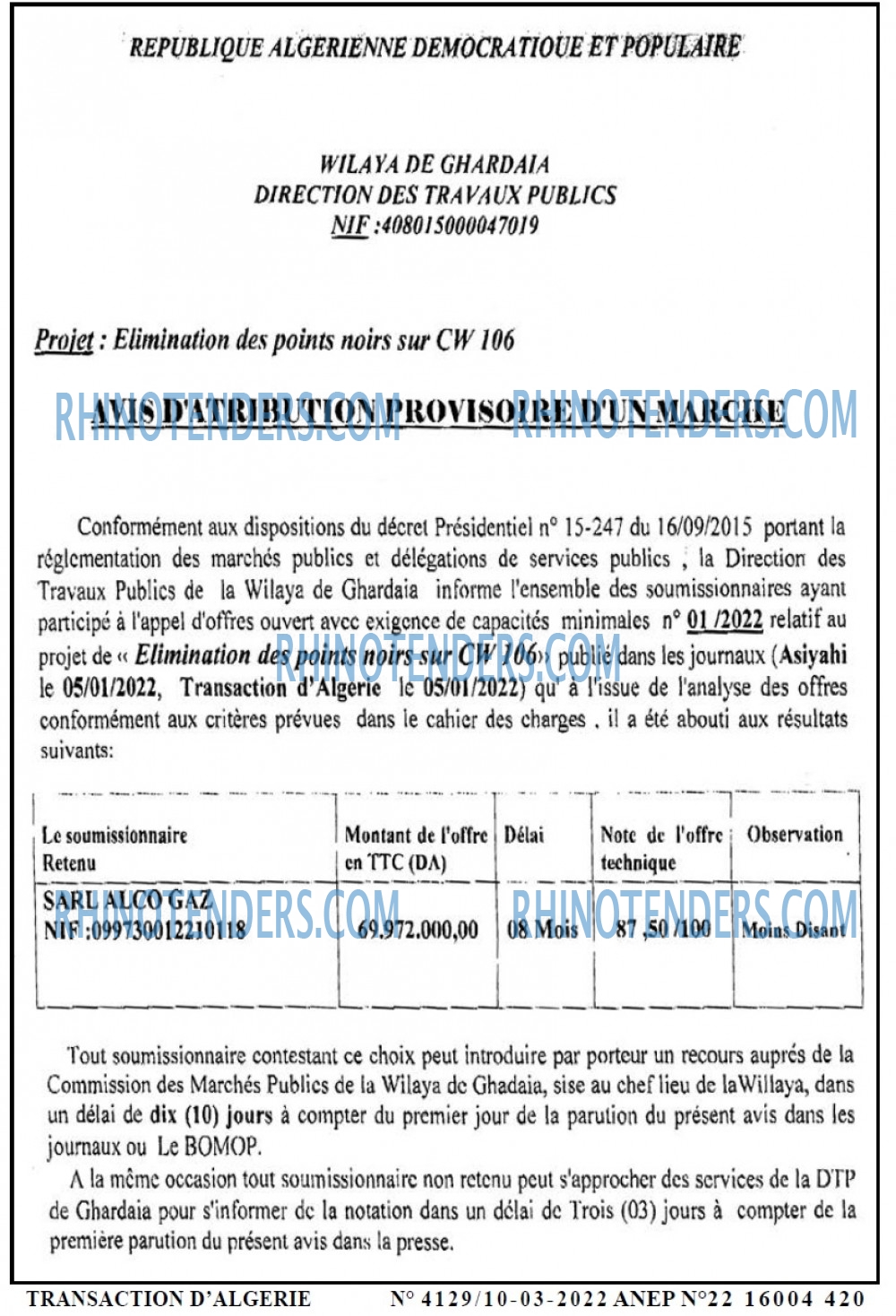 TRANSACTION D'ALGERIE