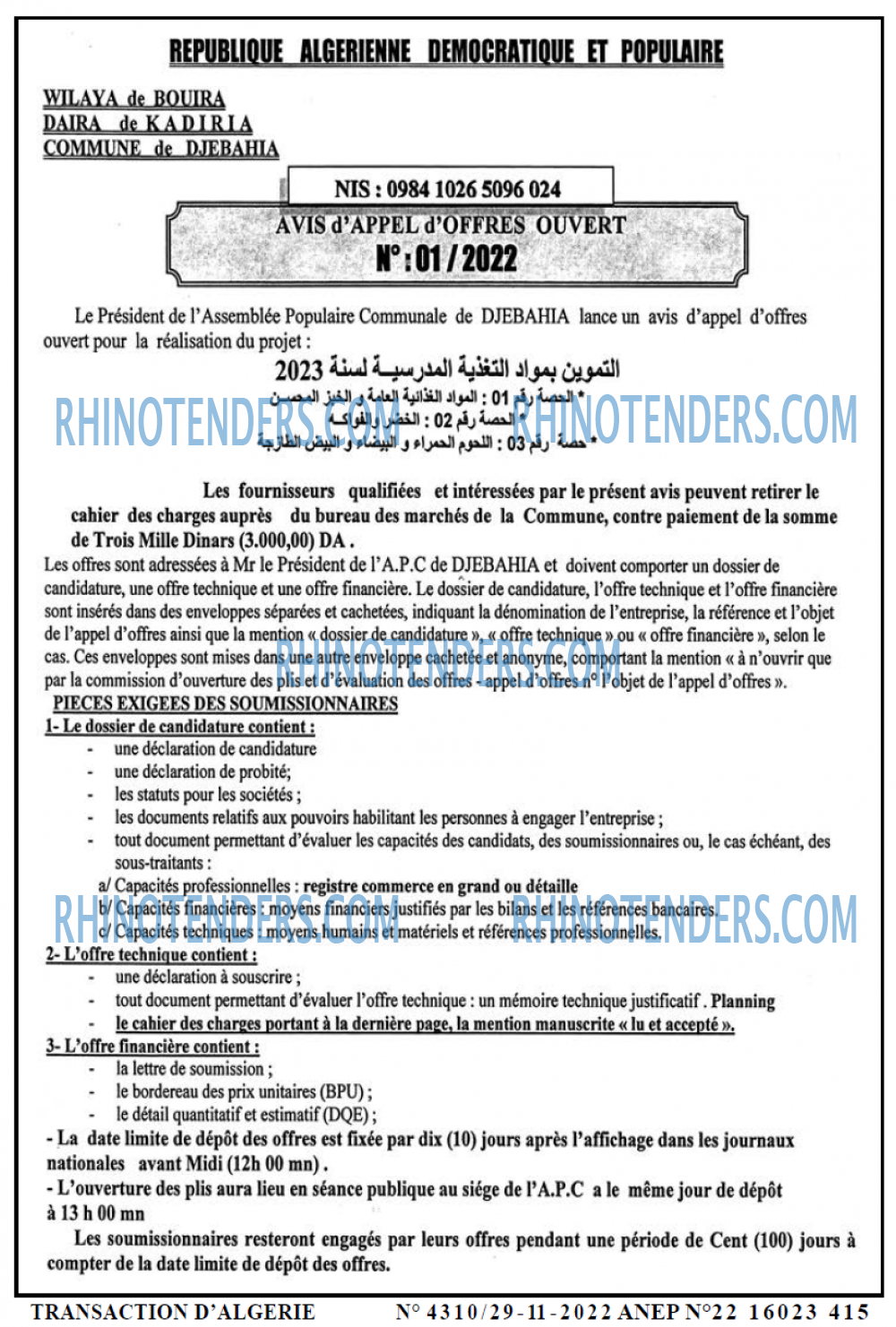 TRANSACTION D'ALGERIE