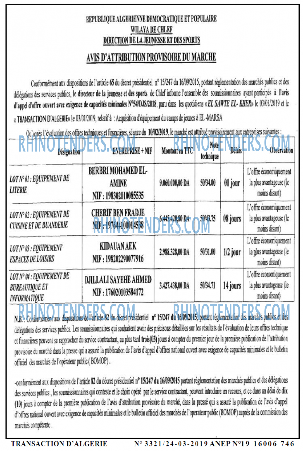 TRANSACTION D'ALGERIE