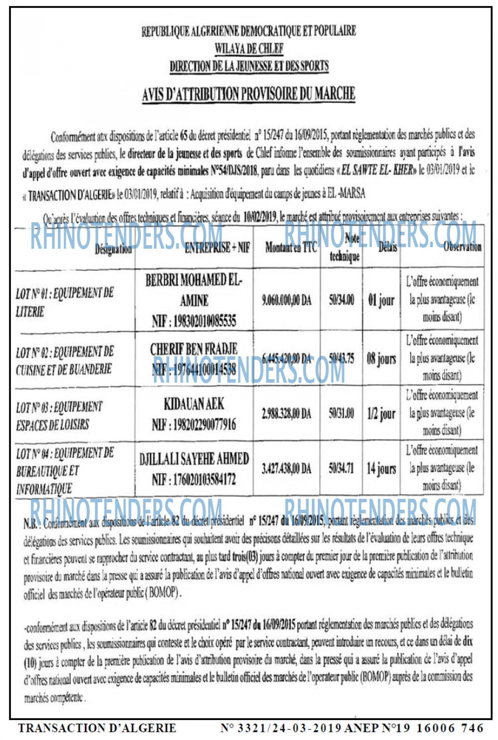 TRANSACTION D'ALGERIE