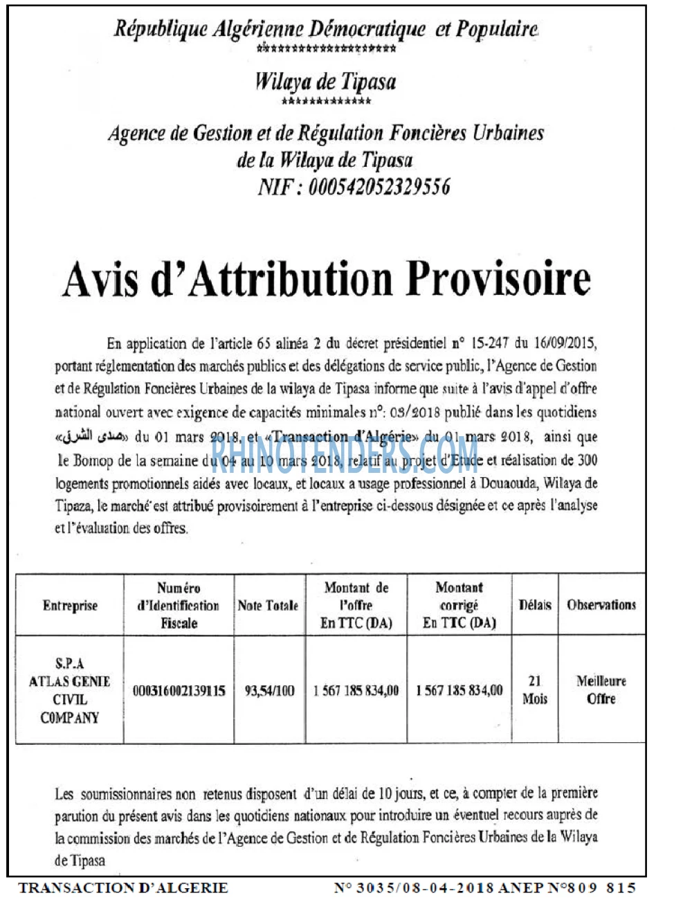 TRANSACTION D'ALGERIE