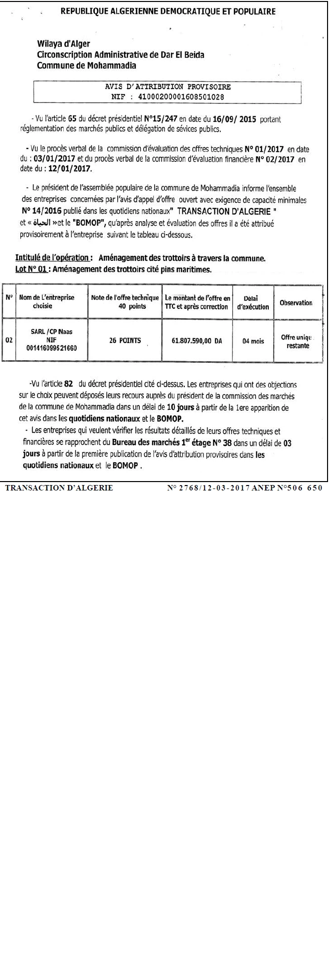 TRANSACTION D'ALGERIE