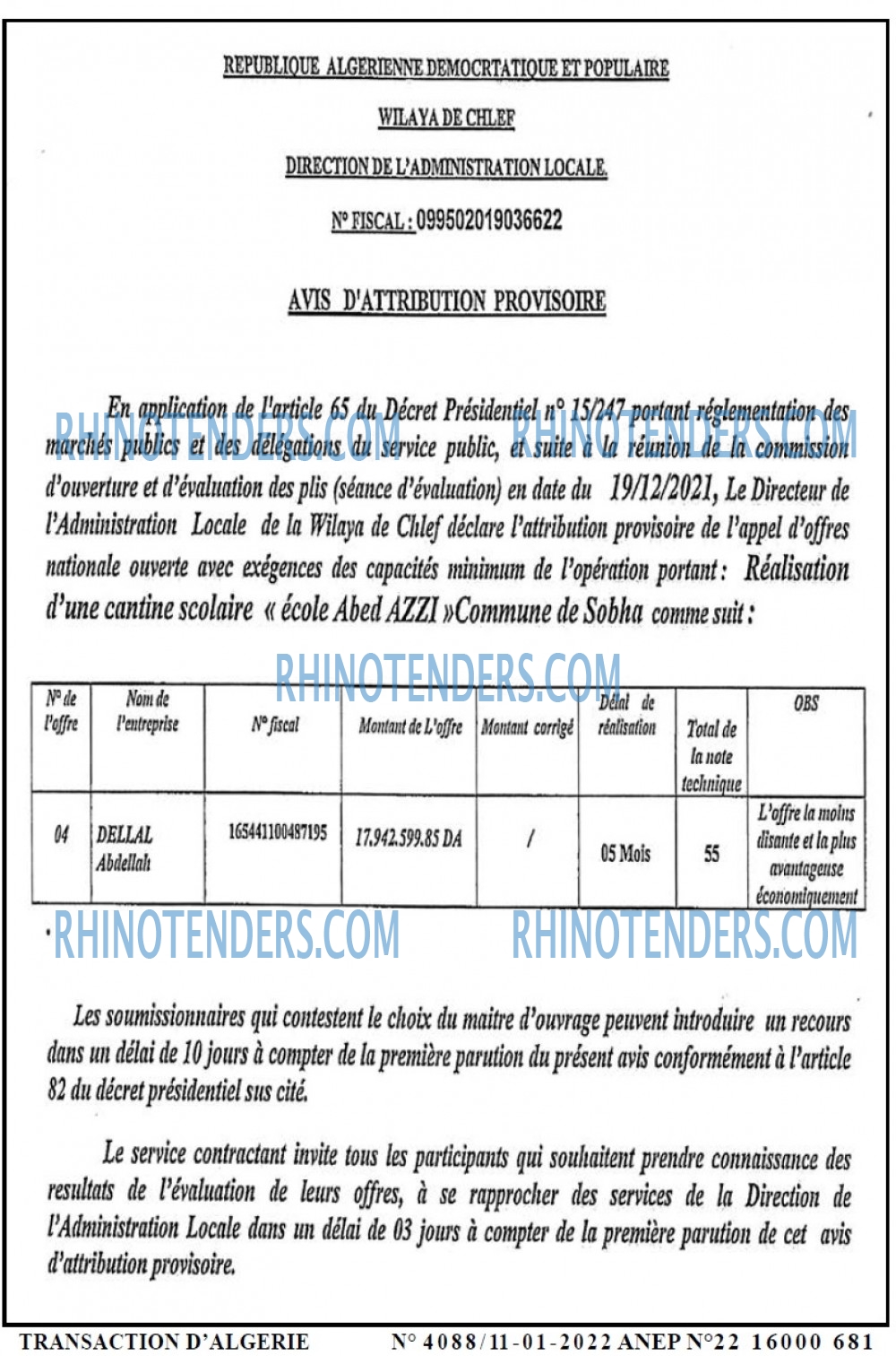 TRANSACTION D'ALGERIE