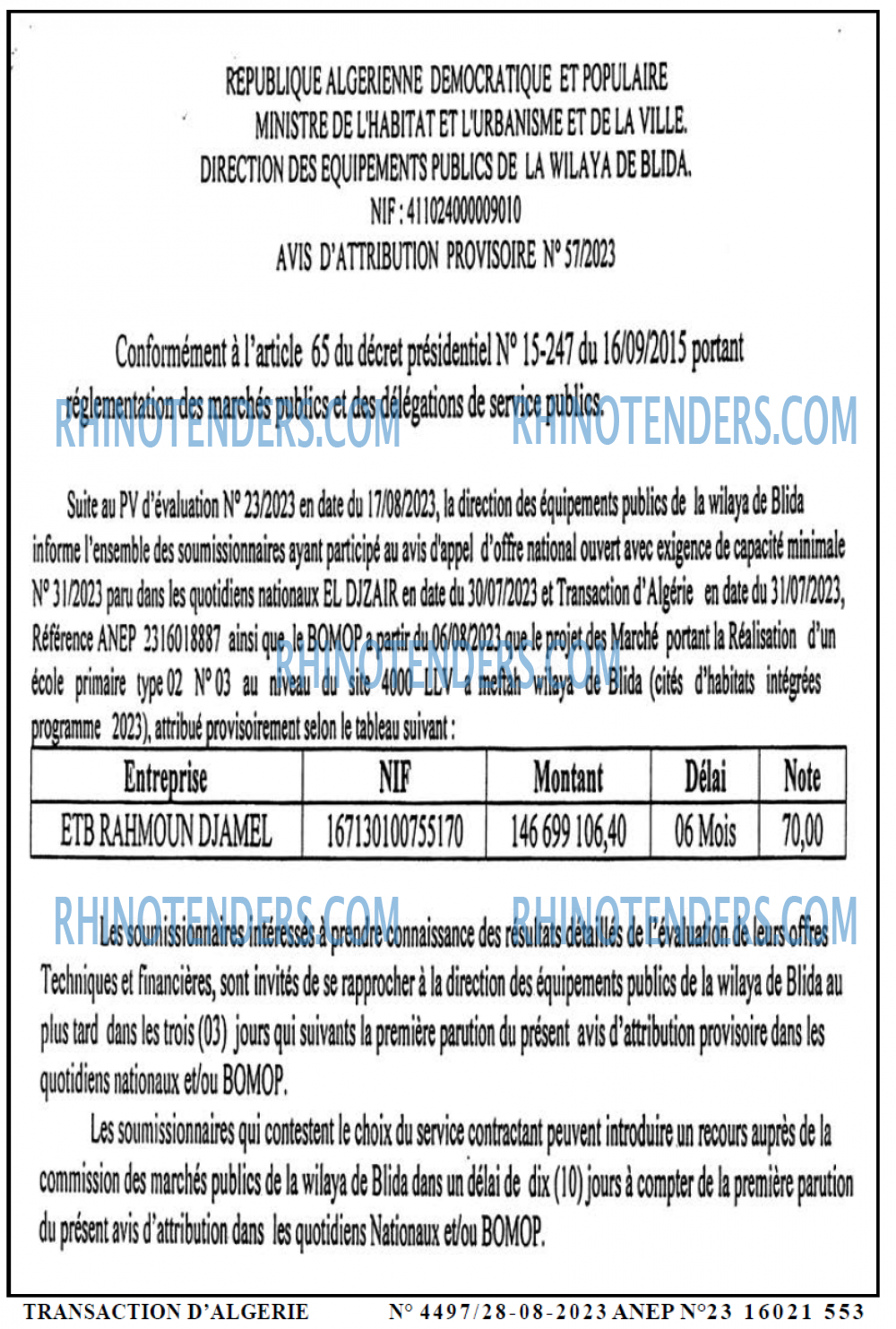 TRANSACTION D'ALGERIE