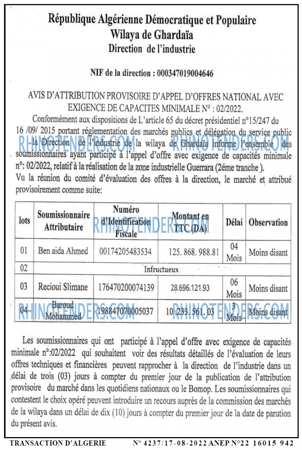 TRANSACTION D'ALGERIE