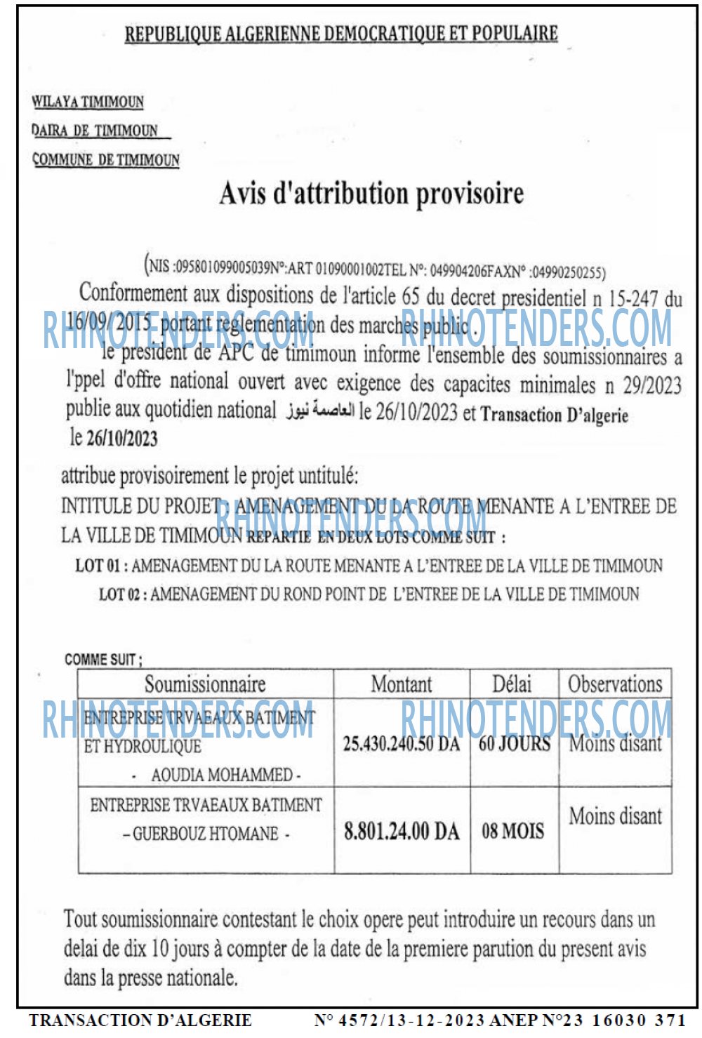 TRANSACTION D'ALGERIE