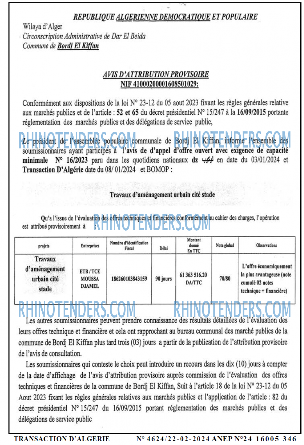 TRANSACTION D'ALGERIE