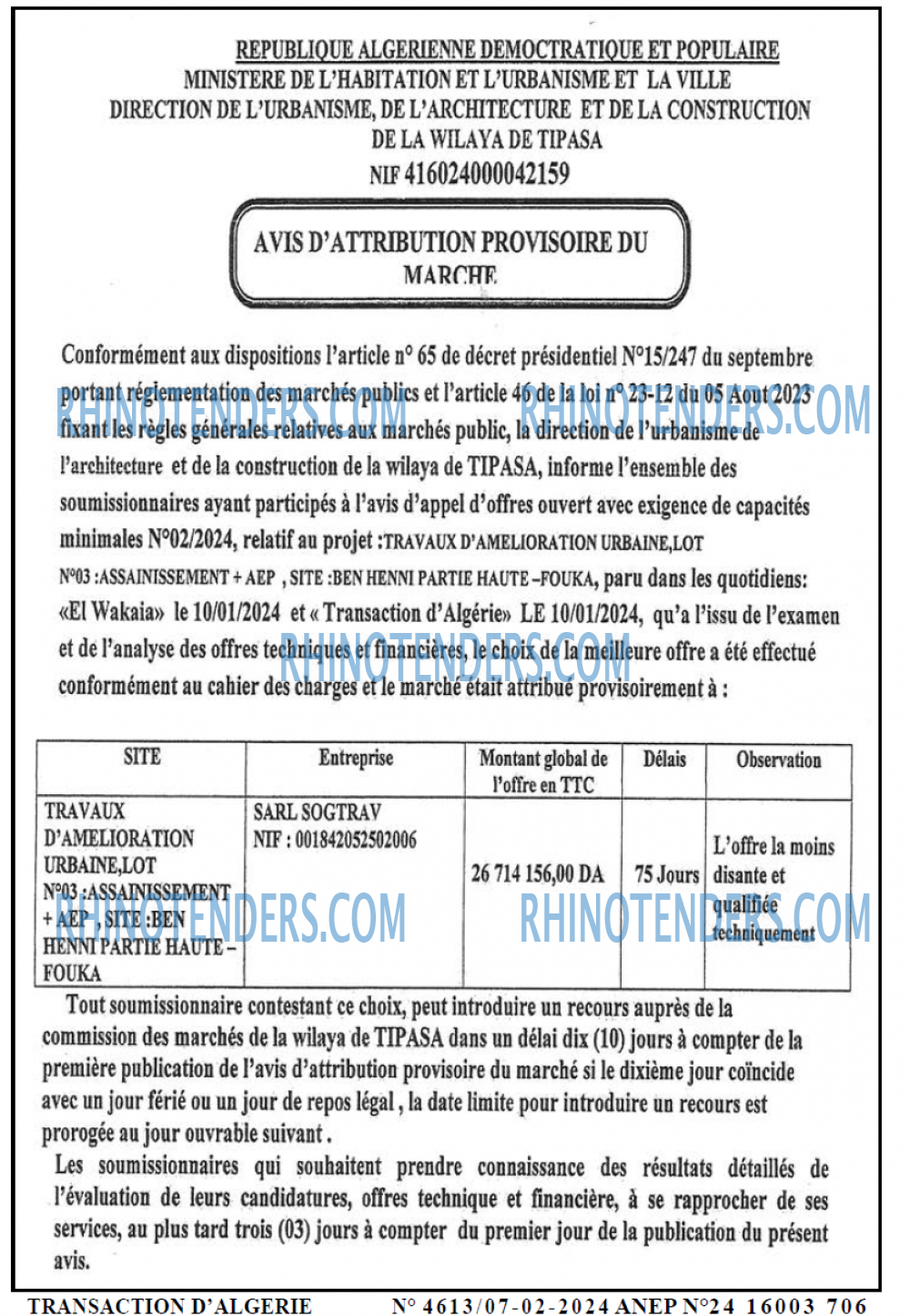 TRANSACTION D'ALGERIE