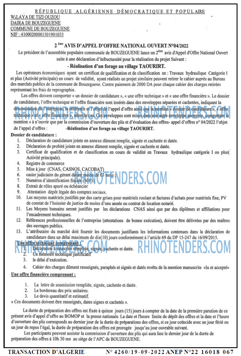 TRANSACTION D'ALGERIE
