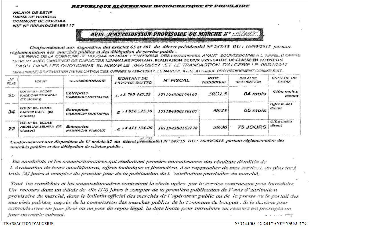 TRANSACTION D'ALGERIE