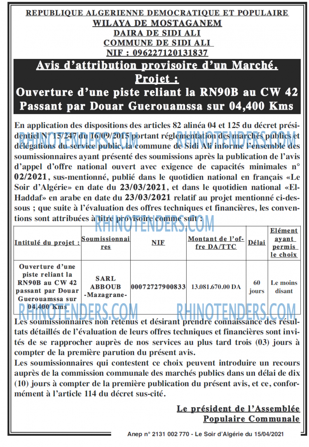 LE SOIR D'ALGERIE