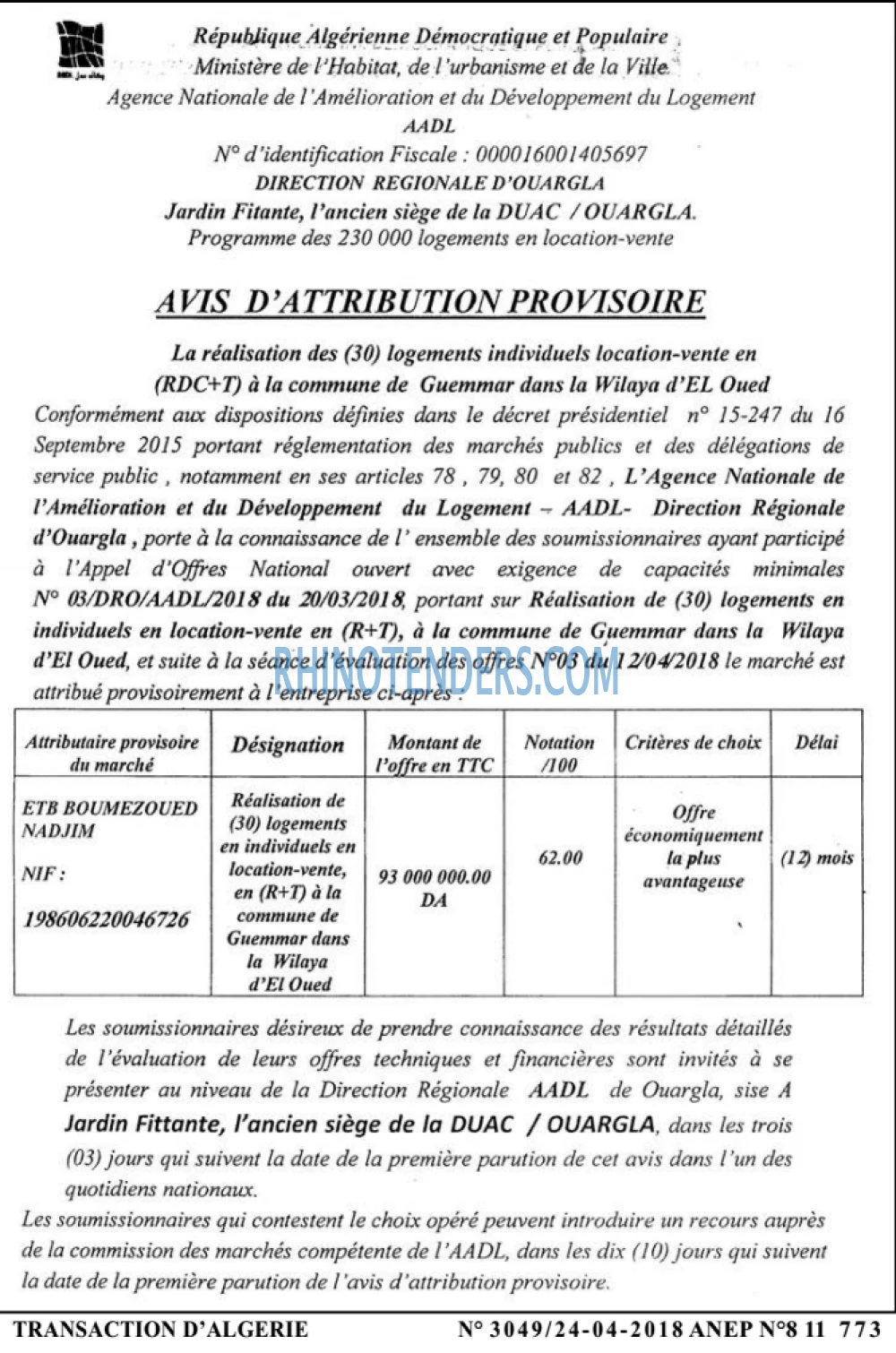 TRANSACTION D'ALGERIE