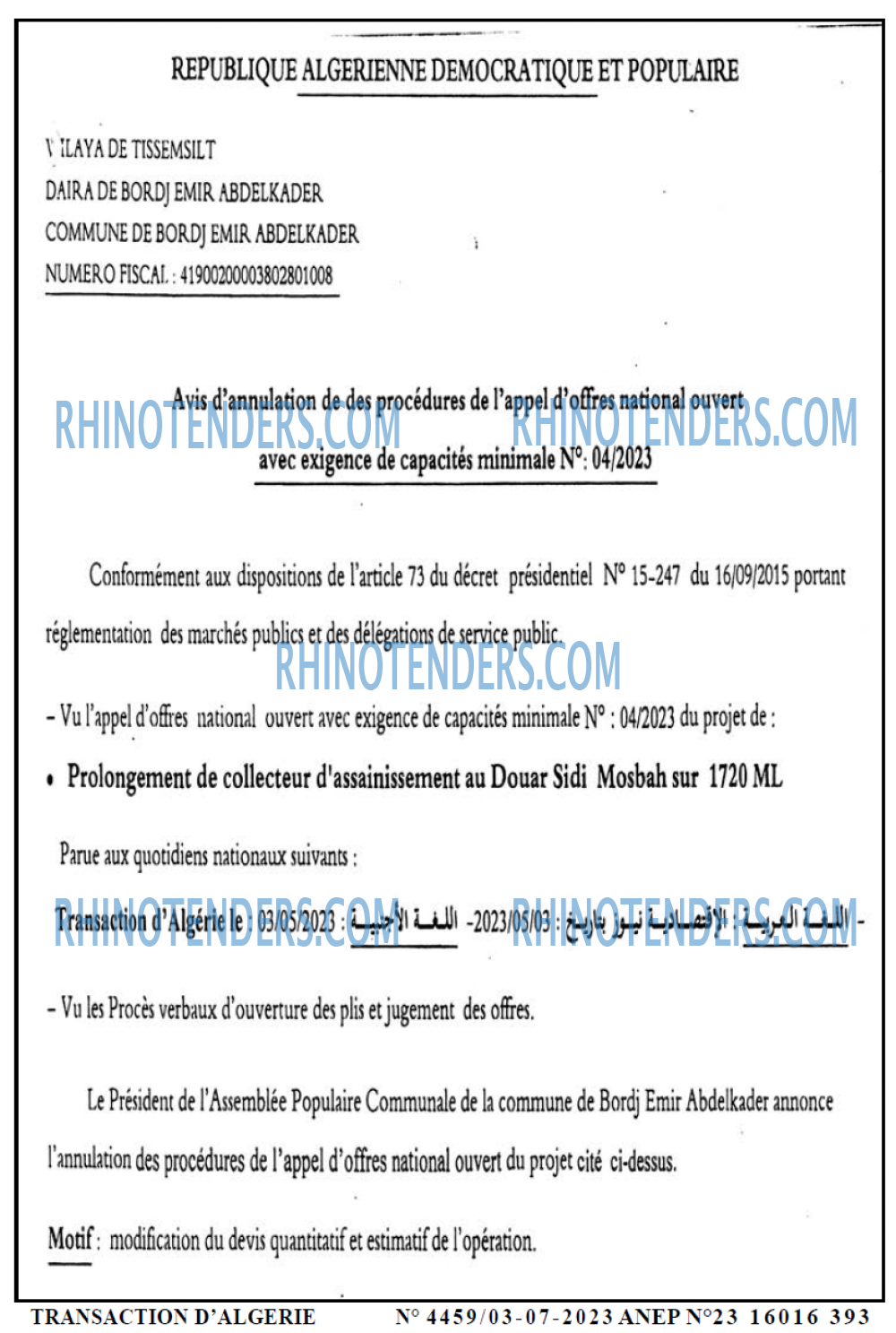 TRANSACTION D'ALGERIE