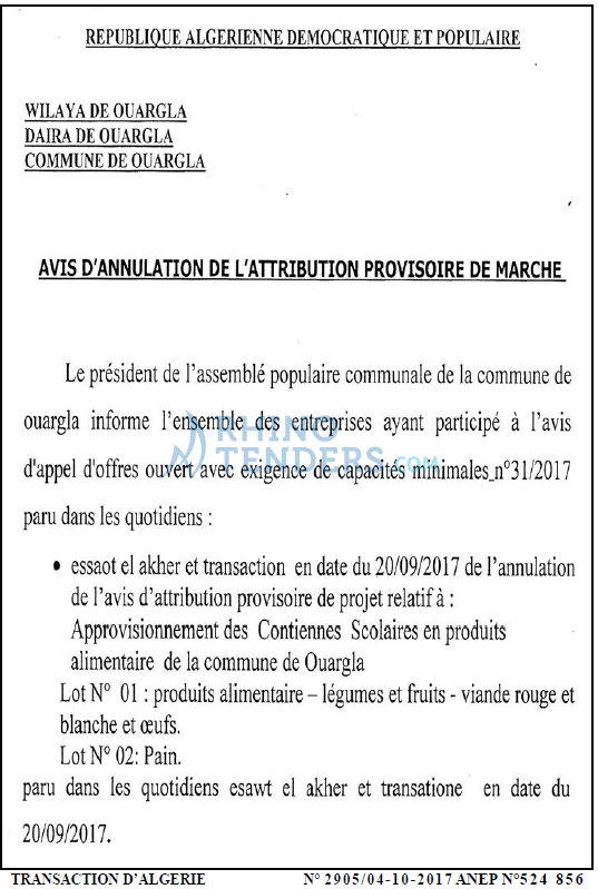 TRANSACTION D'ALGERIE