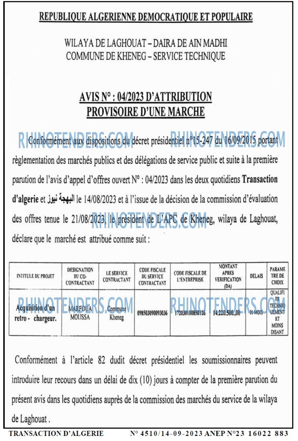 TRANSACTION D'ALGERIE
