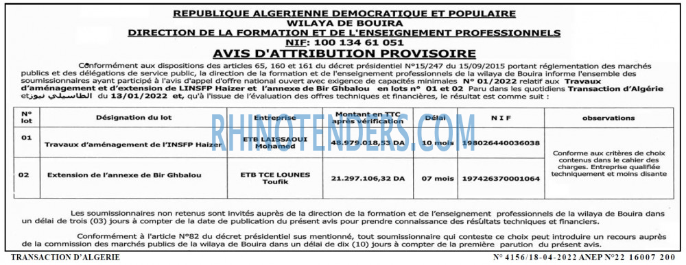 TRANSACTION D'ALGERIE