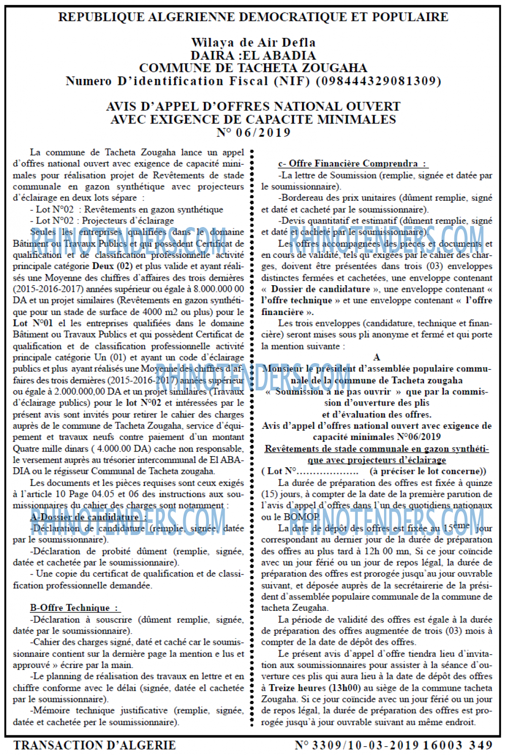 TRANSACTION D'ALGERIE