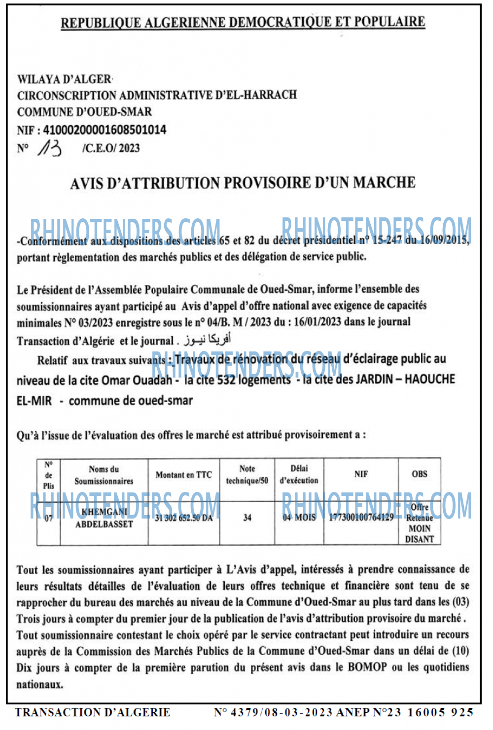 TRANSACTION D'ALGERIE