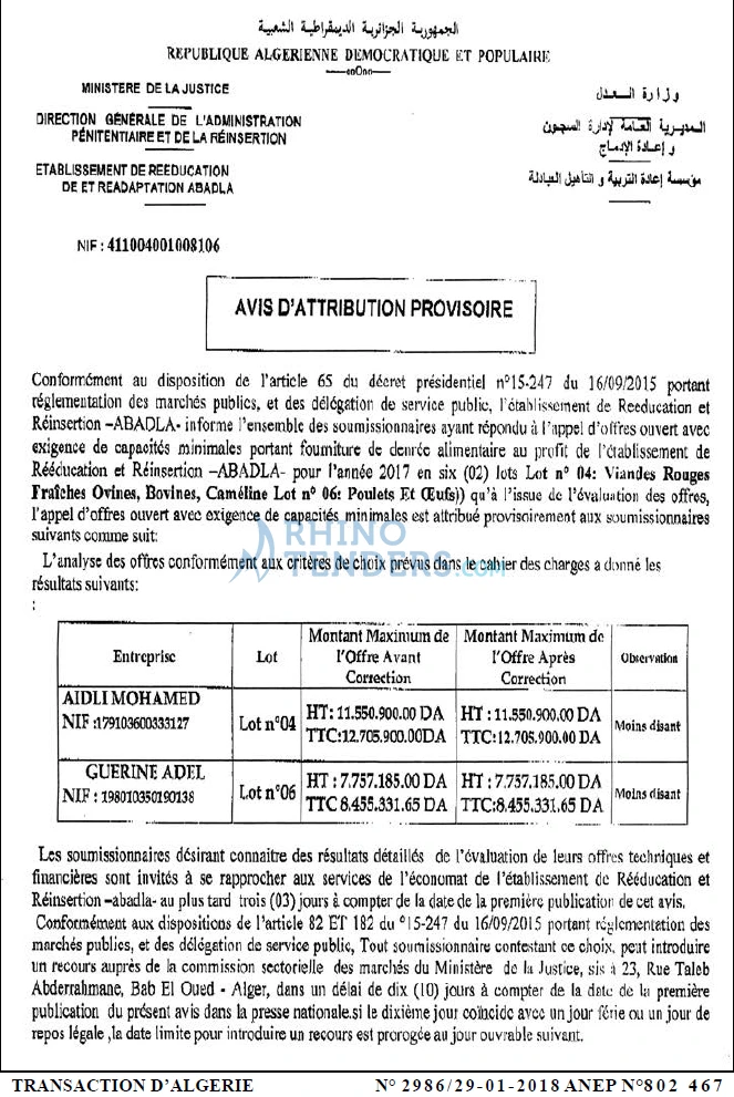 TRANSACTION D'ALGERIE