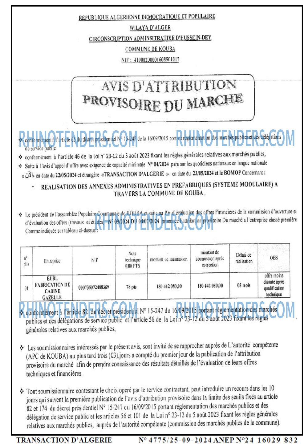 TRANSACTION D'ALGERIE