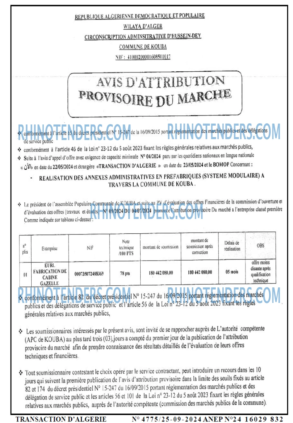 TRANSACTION D'ALGERIE